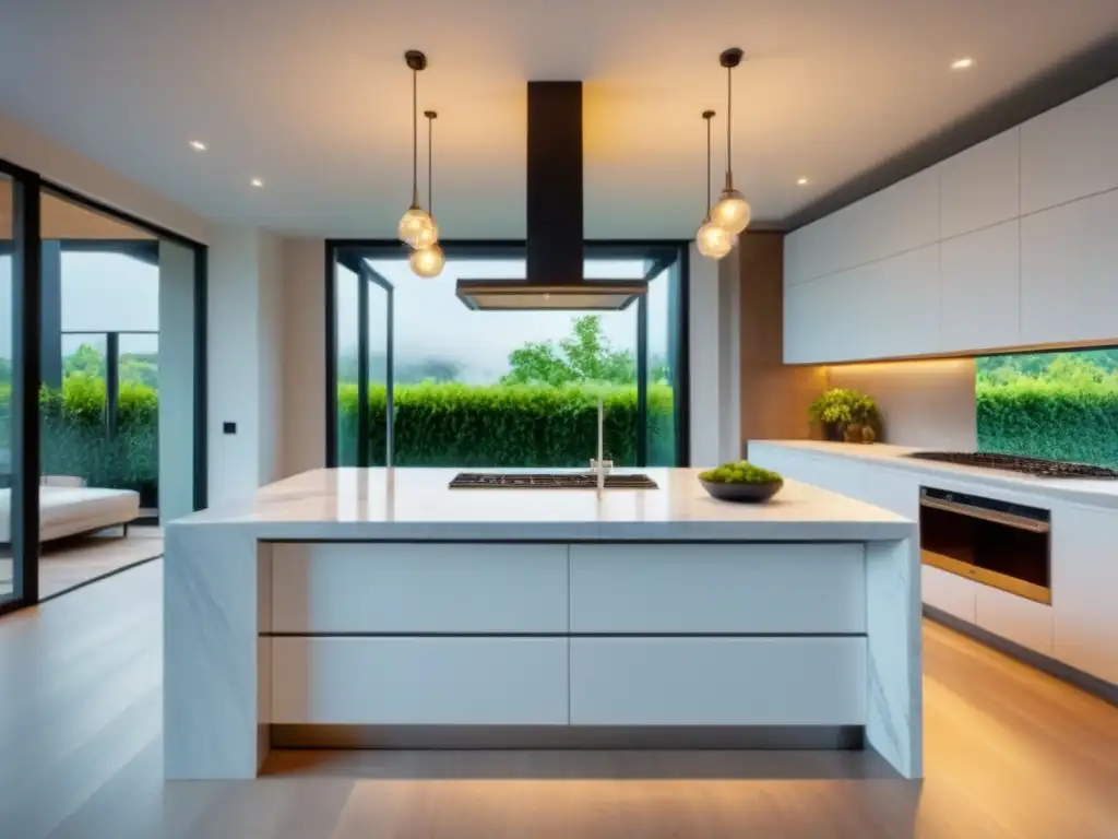 Renovación de cocina de lujo con mármol blanco y vistas al jardín Cocina de lujo con mármol blanco, isla central y ventanales con vista a jardín, ideal para préstamos para renovación de propiedades