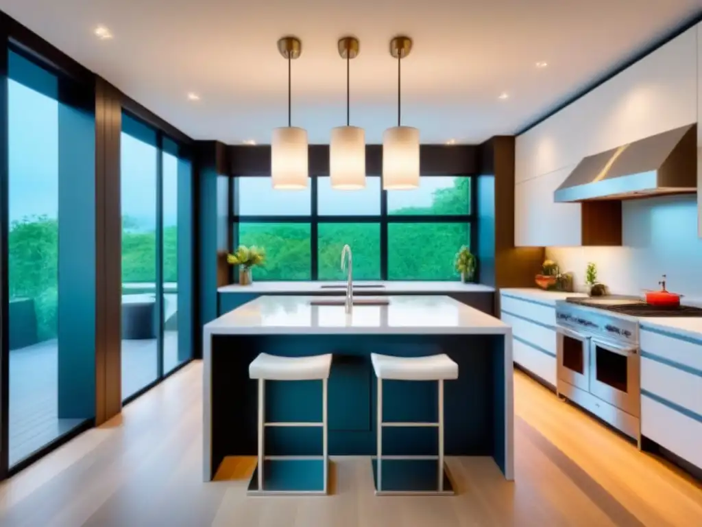 Renovación de cocina moderna de lujo con mármol blanco y electrodomésticos de acero inoxidable Renovación de cocina de lujo con encimeras de mármol blanco, electrodomésticos de acero inoxidable y isla grande con iluminación elegante