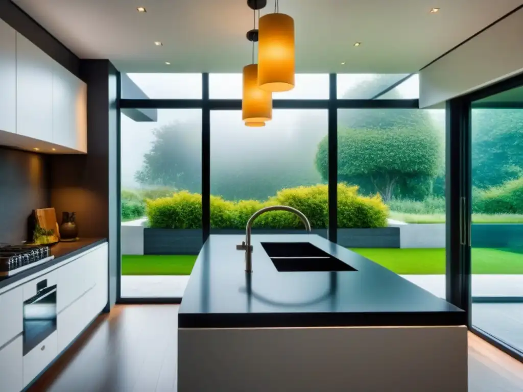 Cocina de lujo en propiedad exclusiva Cocina de lujo en propiedad alta gama con electrodomésticos modernos y elegantes, iluminación refinada y vistas a jardín exuberante