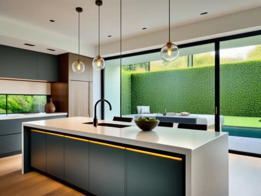 Moderna cocina de lujo con isla central en propiedad renovada Cocina de lujo en propiedad renovada con isla central, luces elegantes y luz natural, vista al jardín