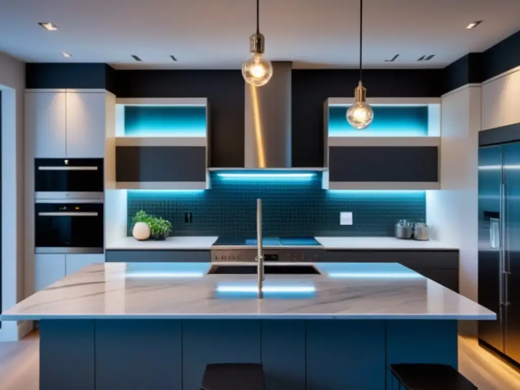 Renovación de cocina de lujo: mármol, electrodomésticos y luz Renovación de cocina lujosa con mármol, electrodomésticos modernos y iluminación elegante