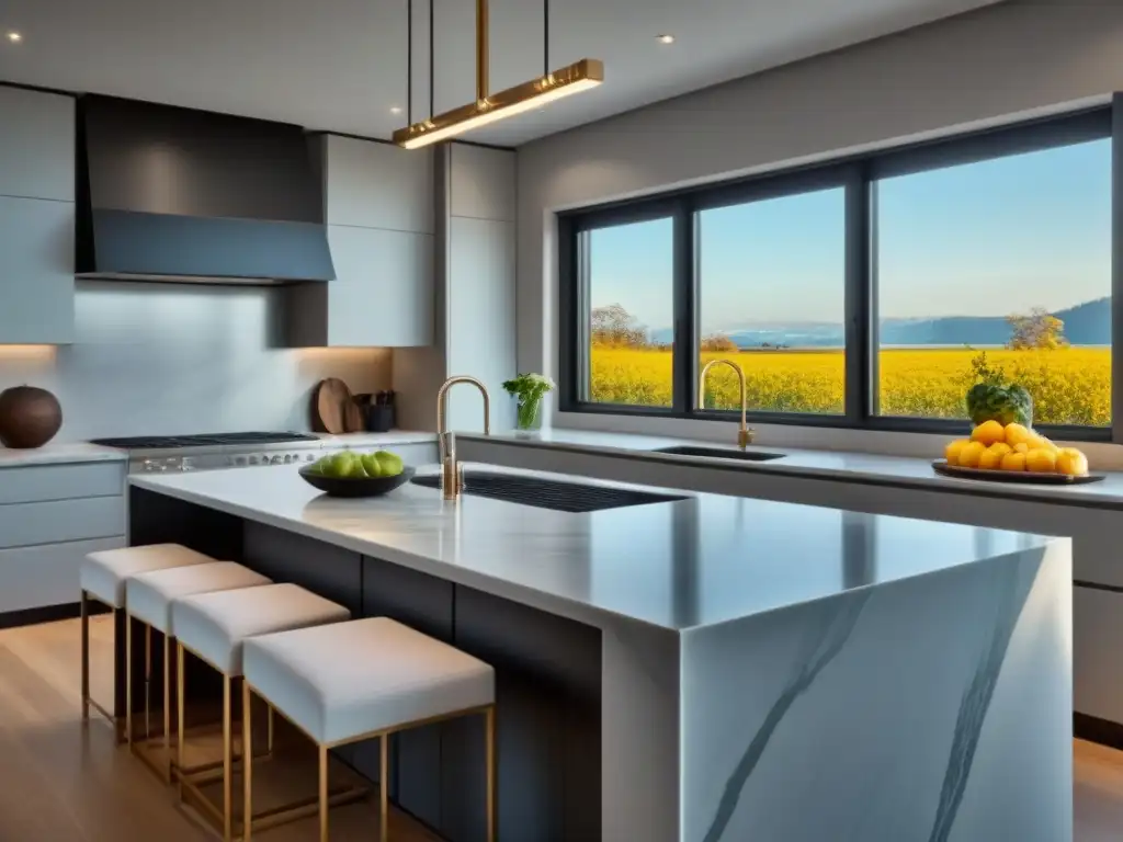 Cocina moderna de lujo en mármol y acero inoxidable Renovación de cocina moderna con electrodomésticos de lujo, encimeras de mármol y luz natural