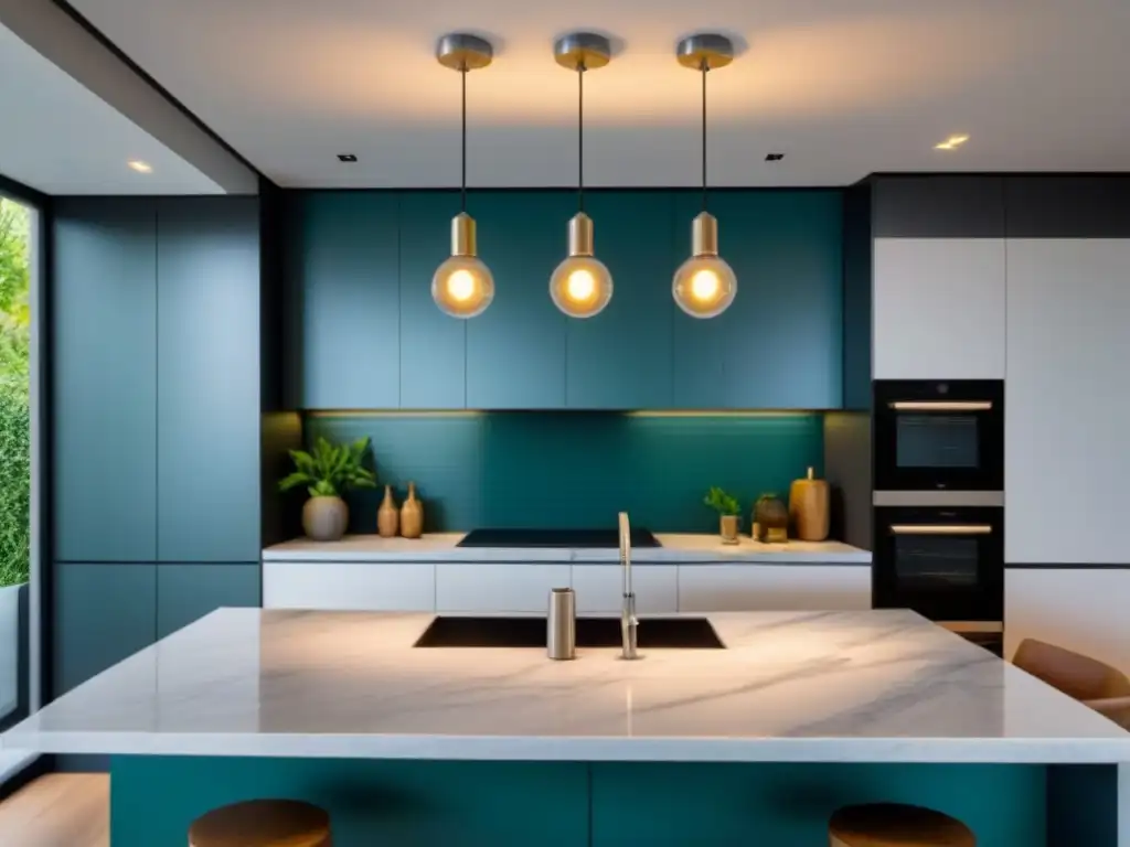Renovación de cocina moderna con encimera de mármol, electrodomésticos de acero inoxidable y iluminación contemporánea