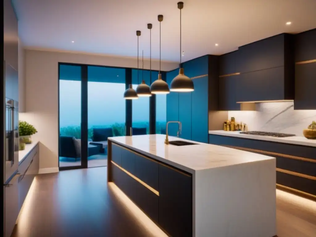 Renovación de cocina moderna con opciones de financiamiento inteligente Una cocina moderna con financiamiento inteligente para hogar: isla elegante, encimera de mármol y iluminación contemporánea