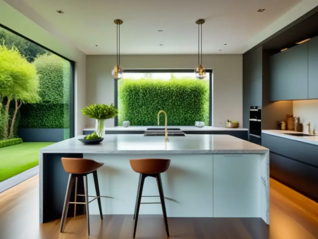 Una cocina moderna de lujo con electrodomésticos de acero inoxidable, encimeras de mármol y una isla grande con asientos en taburetes, bañada en luz natural desde ventanas de piso a techo con vistas a un exuberante jardín verde