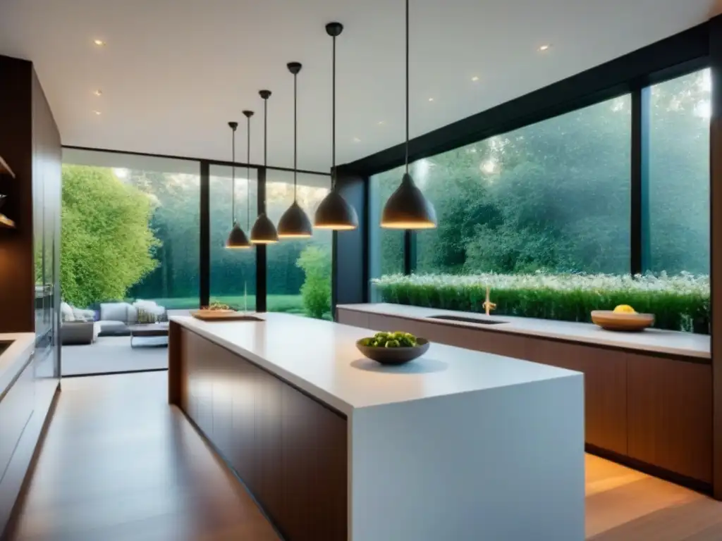 Cocina moderna de lujo con isla y vista a jardín Una cocina moderna de lujo con elegantes encimeras blancas, electrodomésticos de acero inoxidable y una isla grande con iluminación colgante elegante