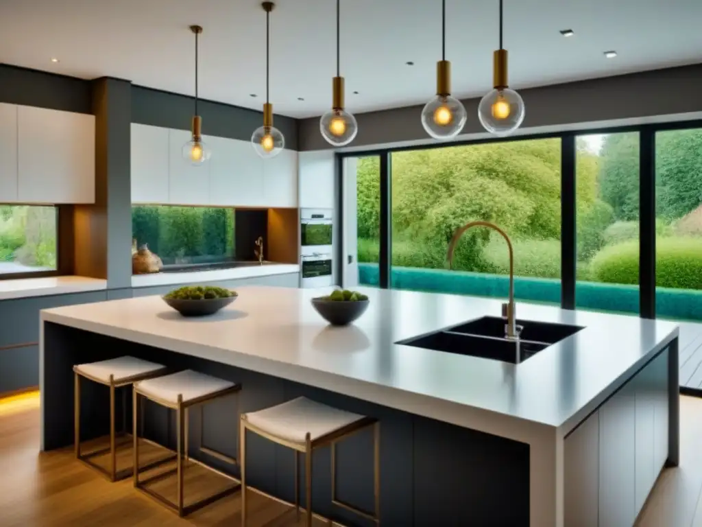 Cocina de lujo: elegancia y sofisticación para renovar tu hogar Una cocina moderna de lujo con elegantes encimeras blancas, electrodomésticos de acero inoxidable y una isla grande con iluminación colgante elegante