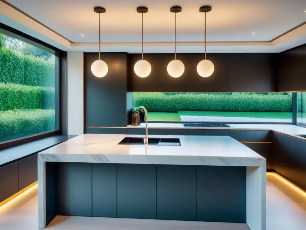 Cocina moderna de lujo con mármol blanco y vistas a jardín verde Una cocina moderna de lujo con encimeras de mármol blanco, electrodomésticos de acero inoxidable y una isla grande con elegante iluminación colgante