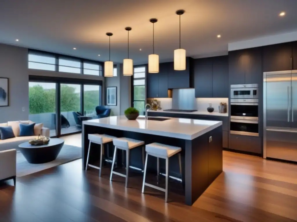 Cocina moderna de lujo con mármol blanco y elegantes acabados Una cocina moderna de lujo con encimeras de mármol blanco, electrodomésticos de acero inoxidable y una isla grande con elegantes luces colgantes