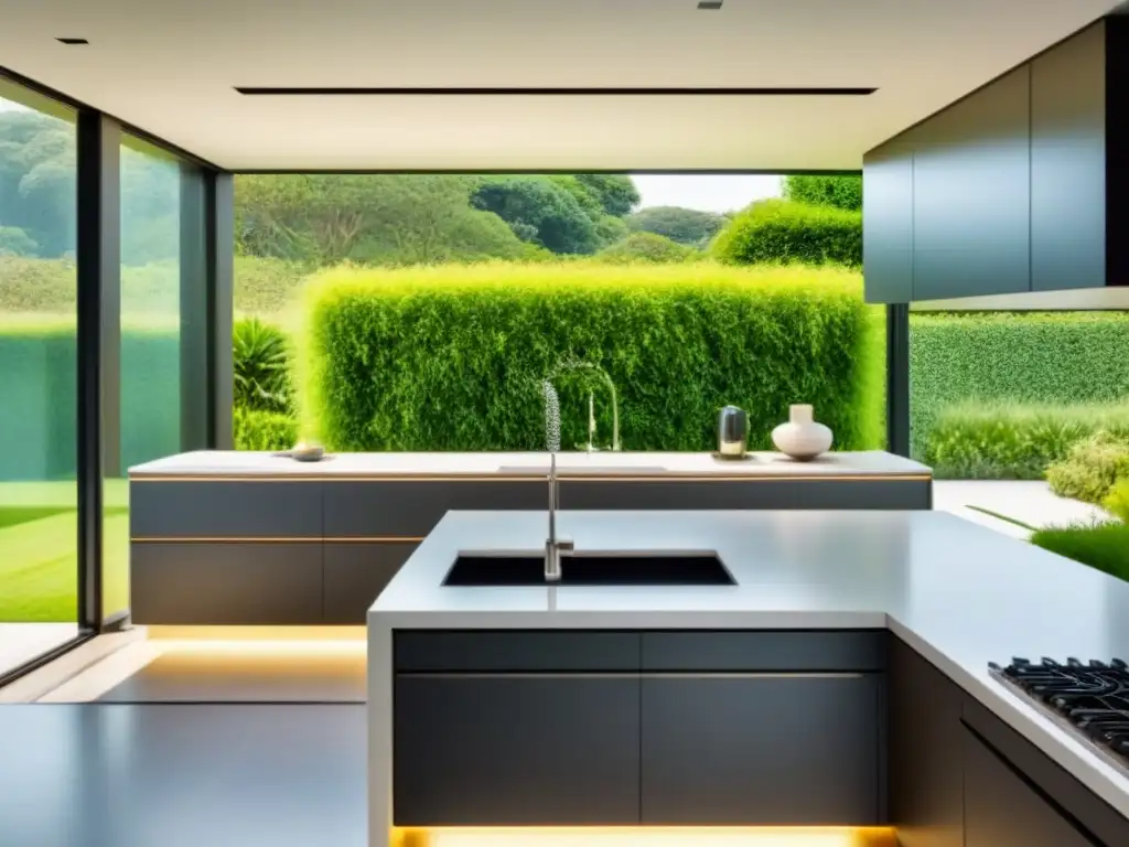 Cocina de lujo con mármol blanco y vistas al jardín Una cocina moderna de lujo con encimeras de mármol blanco, electrodomésticos de acero inoxidable y una gran ventana con vista a un exuberante jardín