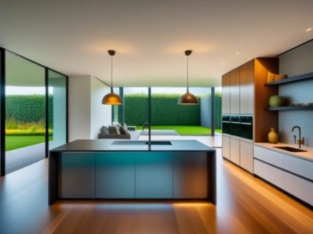 Cocina moderna de lujo con isla espaciosa y vistas al jardín Cocina moderna de lujo con isla espaciosa y electrodomésticos de acero inoxidable, iluminada por luz natural y vista a un jardín exuberante - Préstamos Jumbo vs