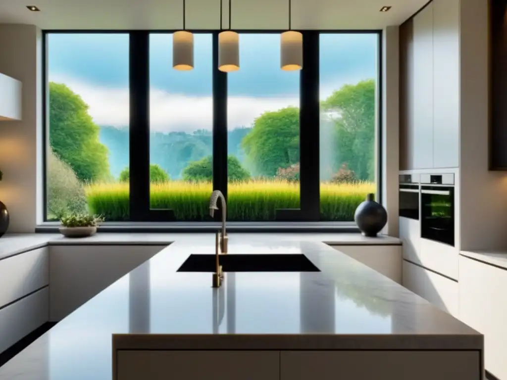 Cocina de lujo: diseño moderno con mármol y luz natural Cocina moderna y lujosa con mármol, electrodomésticos y ventana grande con jardín
