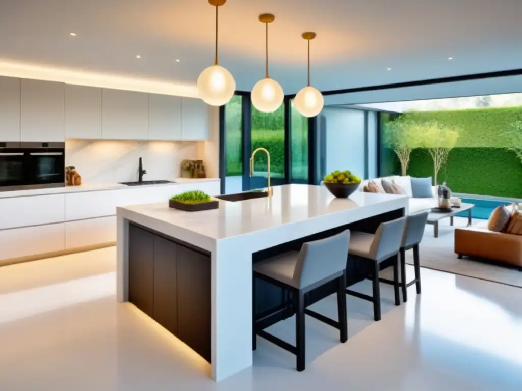 Cocina de lujo con diseño moderno y vistas al jardín Una cocina moderna y lujosa con electrodomésticos de acero inoxidable, isla de mármol y vista a un jardín exuberante
