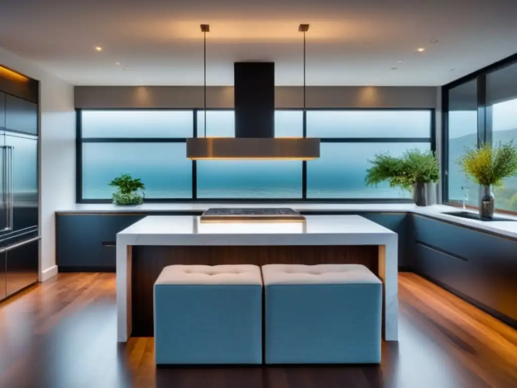 Renovación de cocina moderna lujosa con elegantes encimeras de mármol blanco, electrodomésticos de acero inoxidable y una isla central