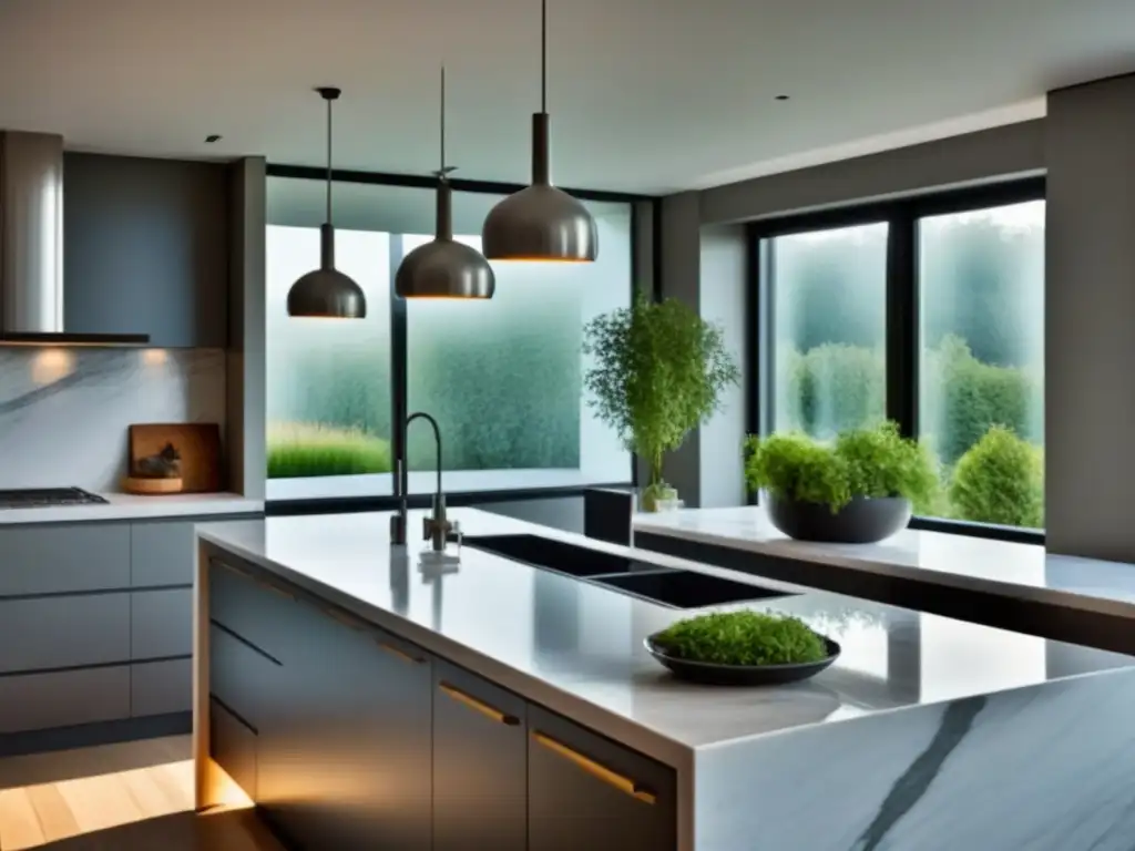 Cocina moderna y elegante con vistas al jardín Cocina moderna con luz natural, isla espaciosa, y hierbas frescas