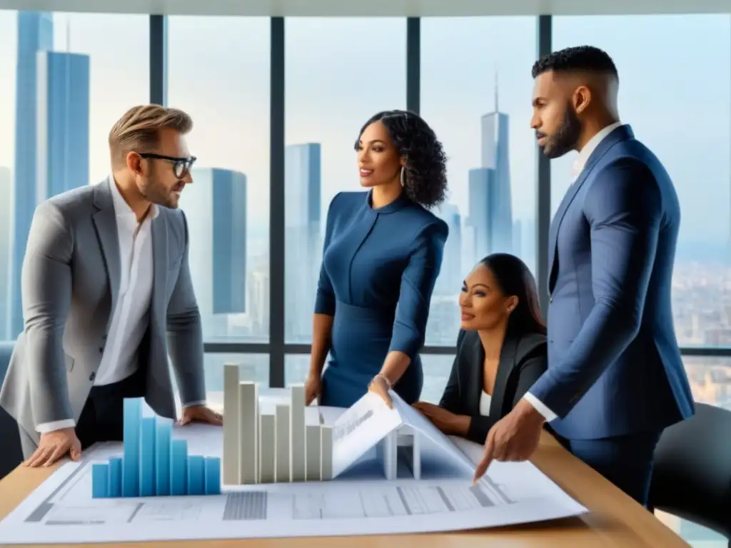 Colaboración diversa para mejorar acceso a viviendas Colaboración innovadora en mercado inmobiliario y acceso vivienda: diversidad de edades y etnias discutiendo planes en oficina moderna
