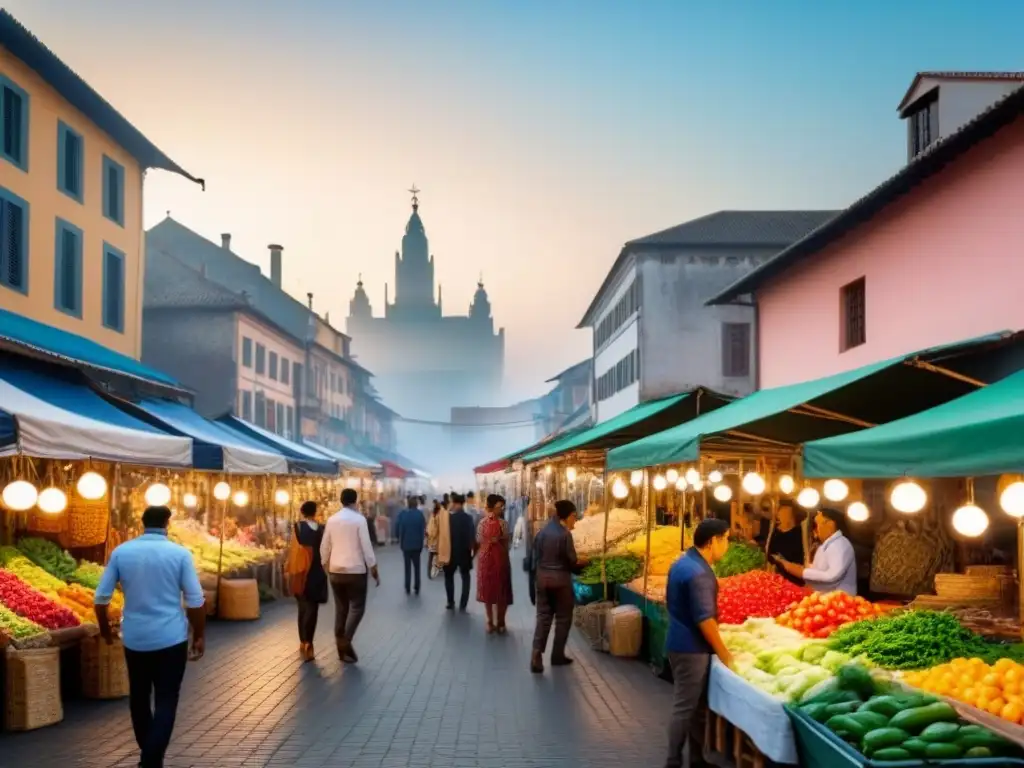 Mercado local vibrante con puestos diversos en 8k ultra definición Colorido mercado local con puestos de productos frescos y artesanías, entre edificios tradicionales y rascacielos, fusionando economía y cultura local