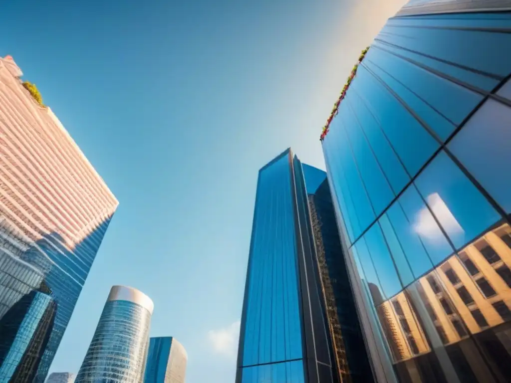 Invertir en REITs comerciales globalmente: Edificio de oficinas moderno y elegante, reflejando la ciudad en su cristal