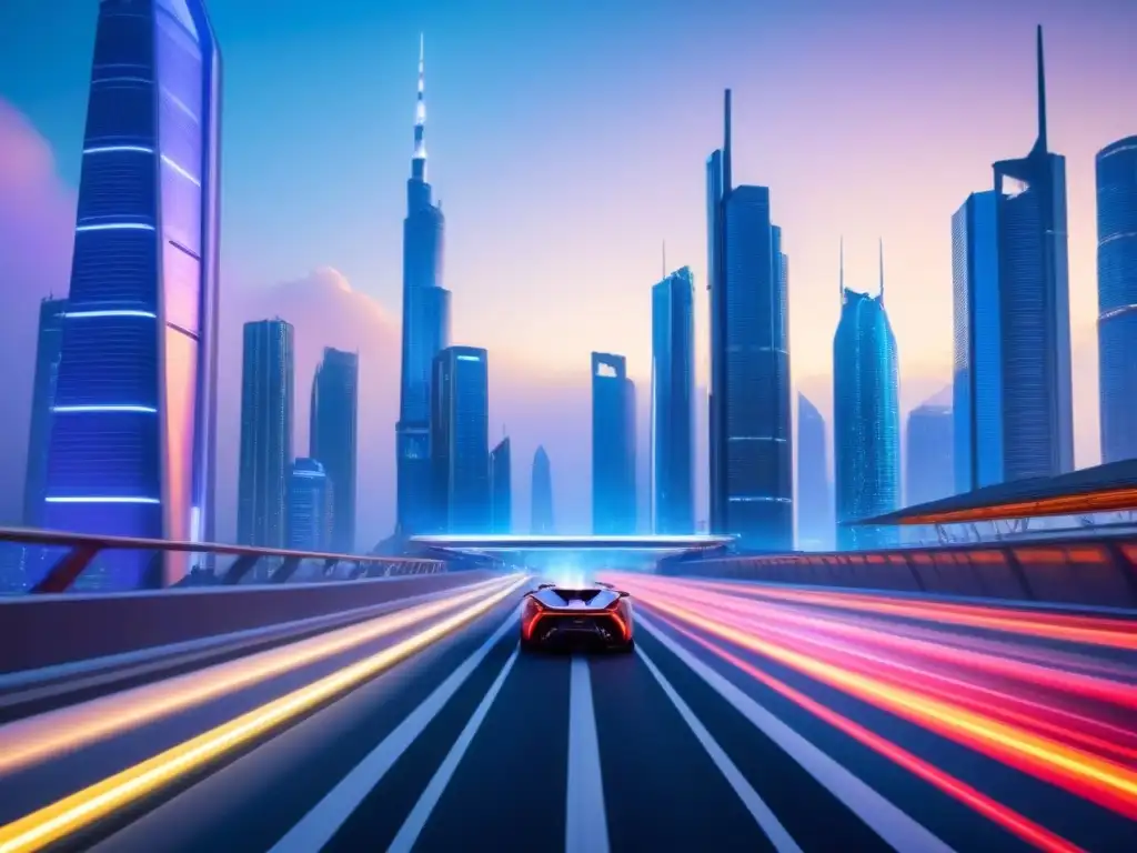 Metrópolis futurista: luces neón y tecnología avanzada Adaptación de REITs comerciales mercado: Ciudad futurista con rascacielos brillantes, luces neón y transporte avanzado