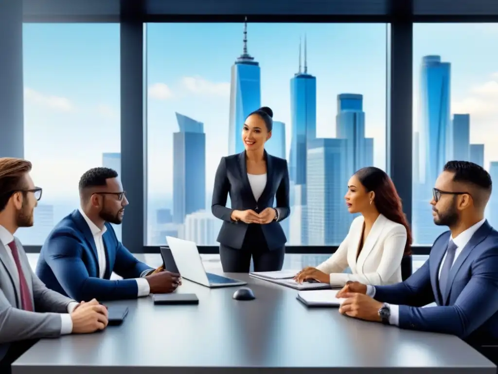 Profesionales debaten sobre REITs en oficina moderna Inversión en REITs comerciales principiantes: Equipo diverso de profesionales colaborando en estrategias en una oficina moderna con vista a la ciudad