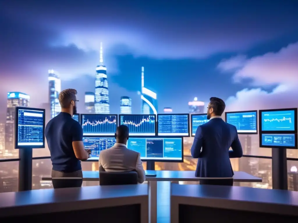 Invertir en REITs comerciales globalmente: Profesionales debatiendo en una ciudad futurista iluminada por luces azules, reflejando modernidad y tecnología
