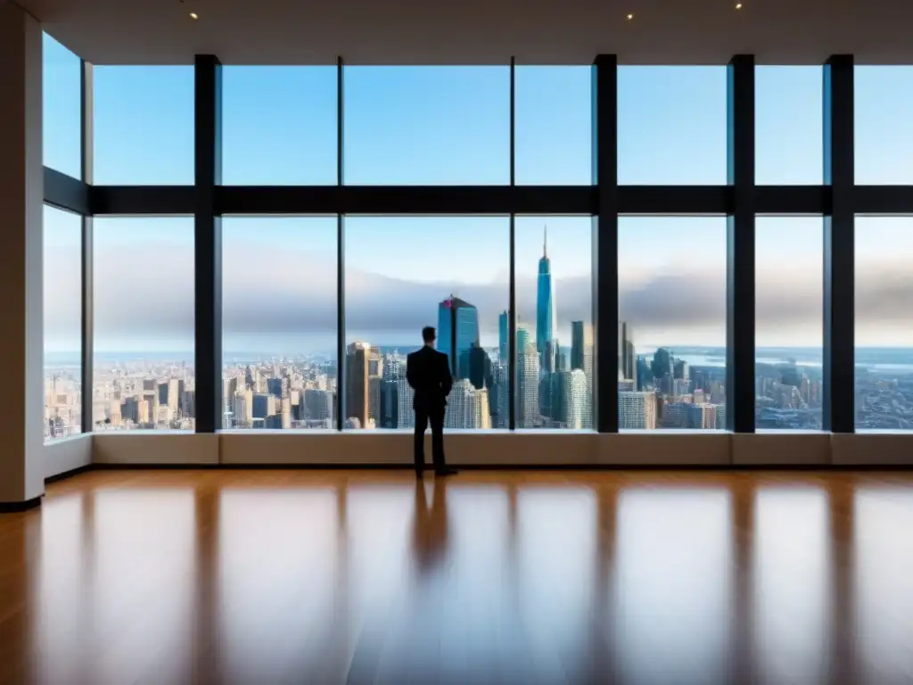 Edificio de oficinas moderno en distrito financiero vibrante Inversión en REITs comerciales rentables: Edificio de oficinas moderno con ventanas panorámicas que reflejan un vibrante paisaje urbano
