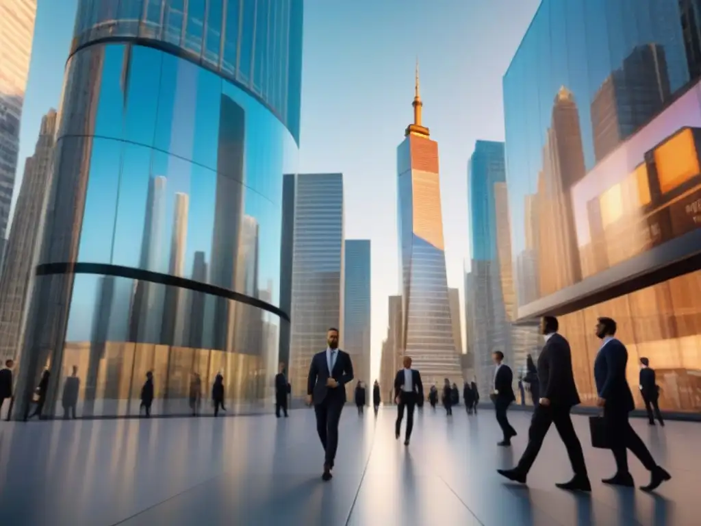 Distrito financiero: inversión inmobiliaria REIT en 8k Inversión en REITs comerciales rentables: Escena vibrante de la ciudad financiera, con rascacielos, profesionales y tecnología innovadora