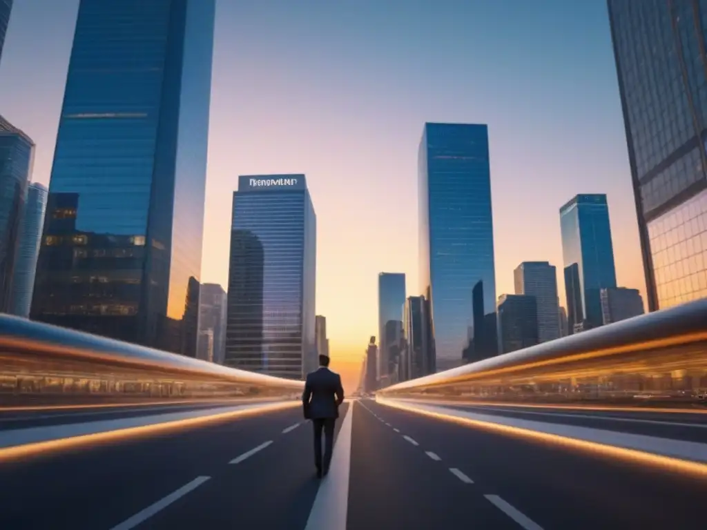 Skyline urbano al atardecer: éxito financiero y sofisticación Invertir en REITs comerciales riesgos: Una ciudad moderna al atardecer, con rascacielos y profesionales en discusiones animadas