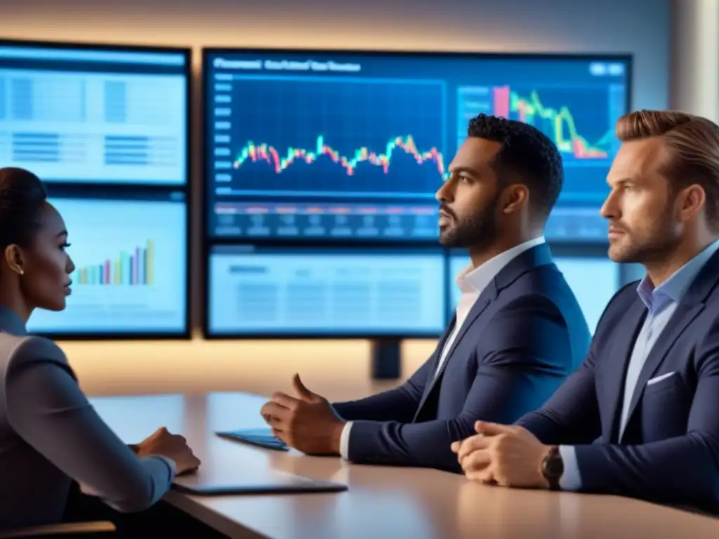 Profesionales financieros en discusión en oficina moderna Inversión en REITs comerciales riesgos: Profesionales financieros en una oficina moderna discutiendo con gráficos en pantallas digitales