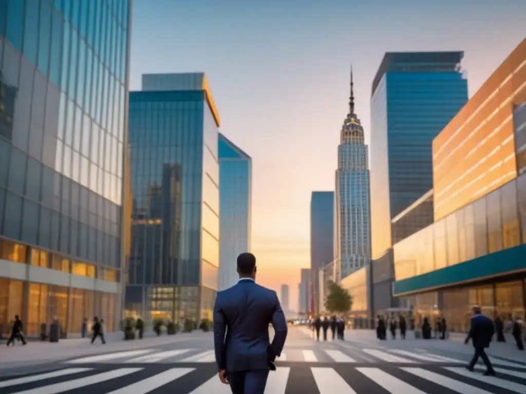 Inversión en REITs comerciales: skyline moderno al atardecer con edificios de cristal iluminados, reflejando éxito financiero