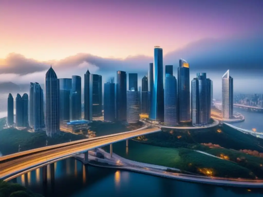 Comparación hipotecaria: estabilidad vs Comparativa de gráficos: créditos hipotecarios fijos vs variables, con iconos financieros sobre una ciudad futurista al anochecer