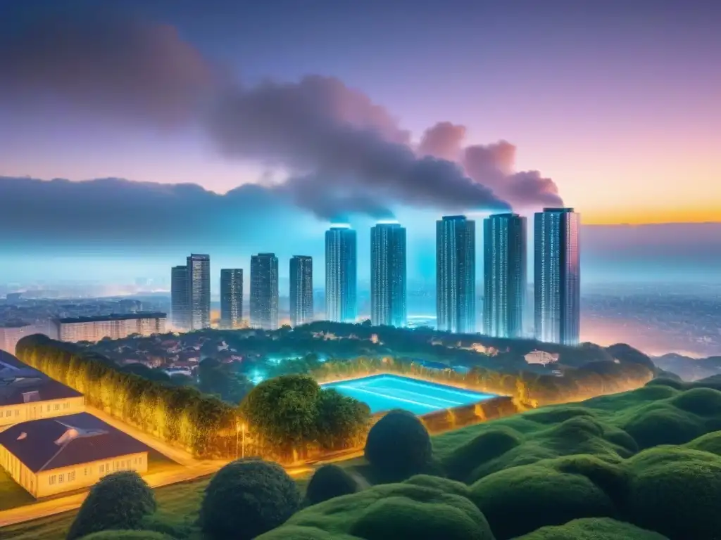 Una comparativa visual impactante entre métodos de crowdfunding inmobiliario y tradicionales en una ciudad futurista y un vecindario sereno