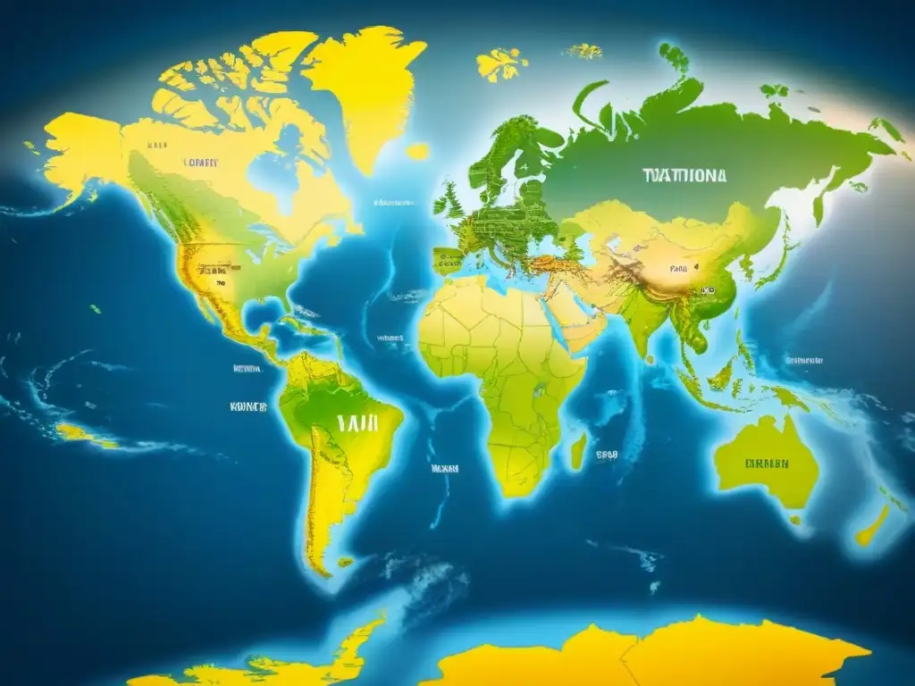 Redes financieras globales: símbolos de monedas en mapa mundial Compleja red de símbolos monetarios internacionales sobre mapa del mundo, ilustrando la fiscalidad en inversiones extranjeras