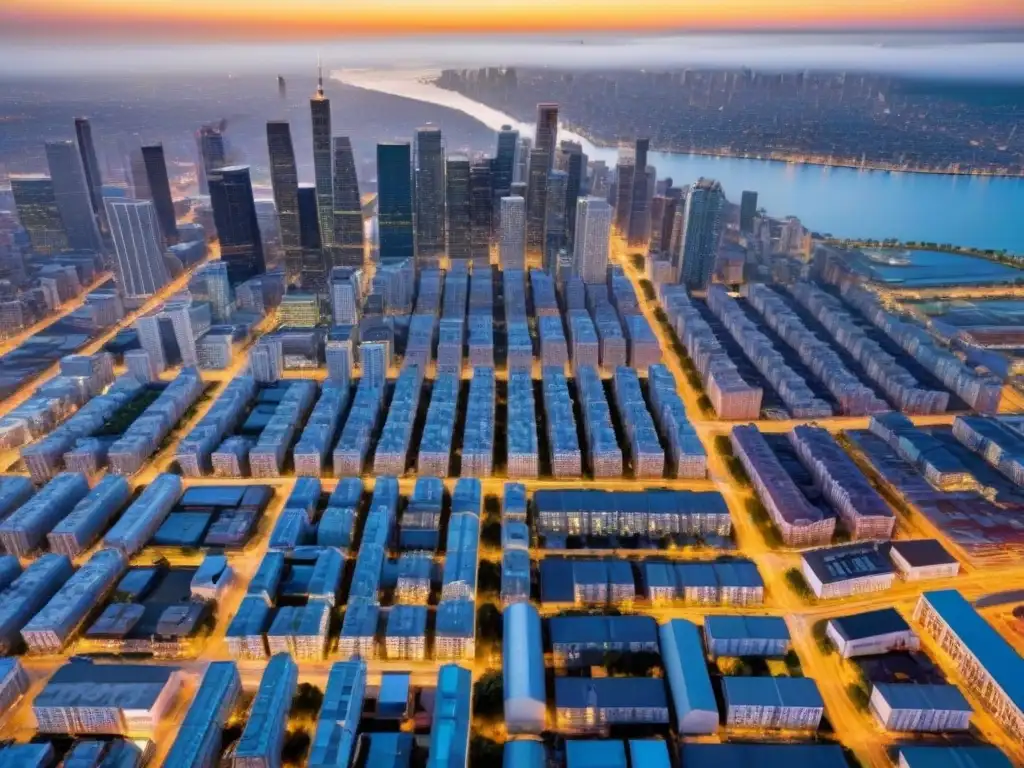 Vista aérea detallada de ciudad vibrante y diversa La compleja trama urbana de una ciudad vibrante, con zonificaciones en inversión inmobiliaria