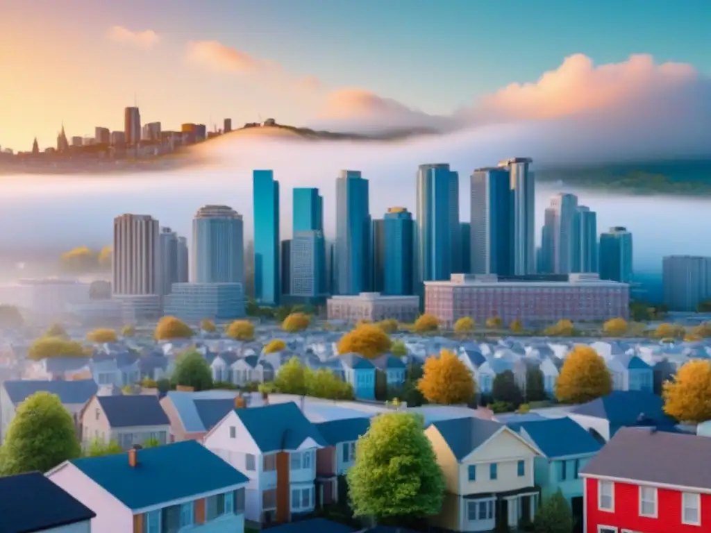 Skyline de alquileres: normativas y complejidades legales Compleja ilustración de skyline urbano con propiedades de alquiler y normativa para propietario e inversor