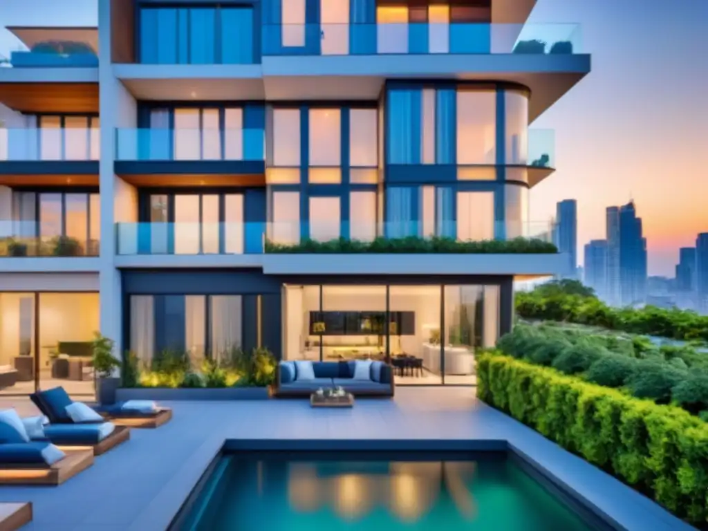 Edificio de lujo con diseño arquitectónico moderno y vistas urbanas Complejo de apartamentos moderno con diseño arquitectónico elegante, terrazas en la azotea y paisaje urbano vibrante