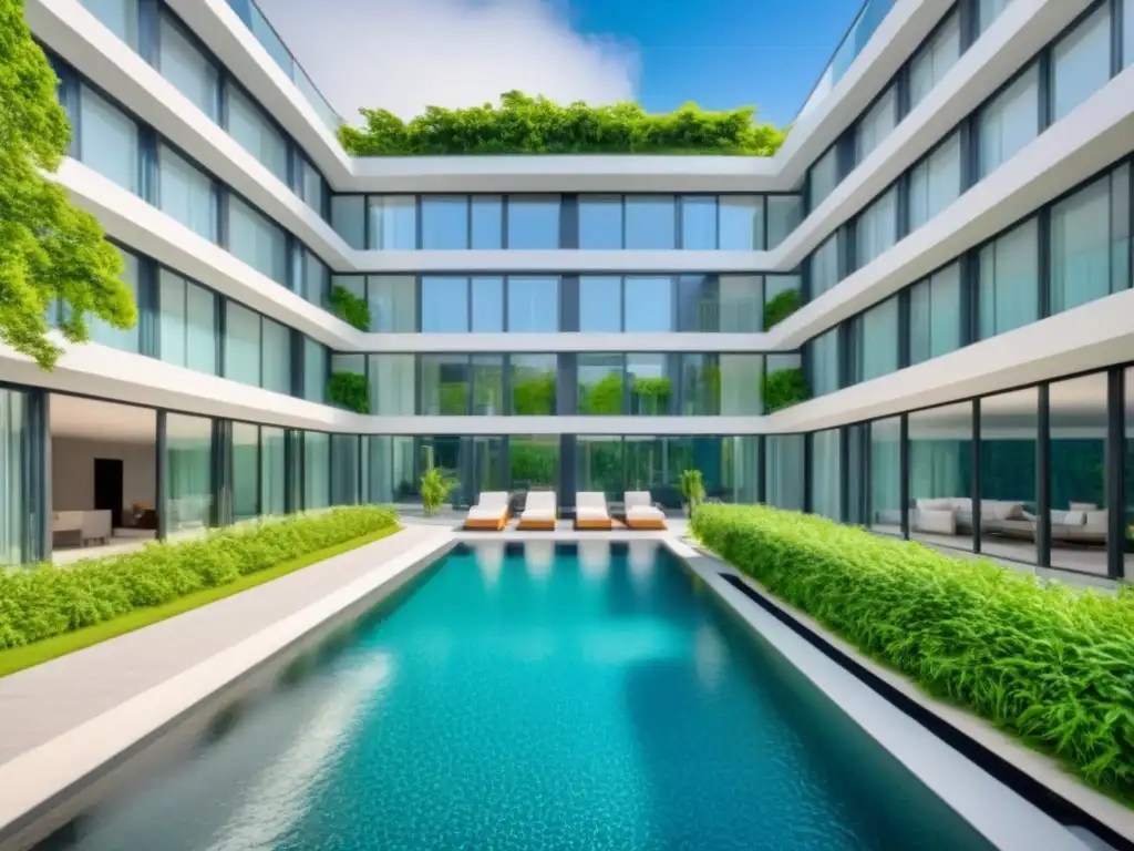 Complejo de apartamentos de lujo con diseño moderno y piscina reluciente Complejo de apartamentos moderno de lujo con ventanales y piscina, rodeado de vegetación exuberante