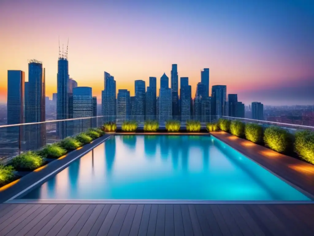 Complejo residencial de lujo con diseño moderno y vistas urbanas Un complejo de apartamentos moderno y lujoso con diseño contemporáneo, piscina en la azotea y jardín verde, reflejando la ciudad al atardecer