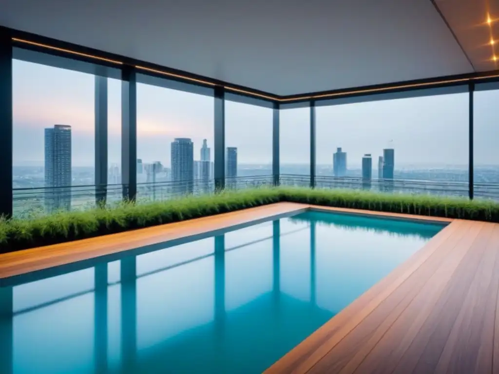 Complejo de apartamentos modernos de lujo en la ciudad Complejo de apartamentos moderno y lujoso con diseño arquitectónico elegante y jardín en la azotea, rodeado de vegetación y personas disfrutando de las amenidades