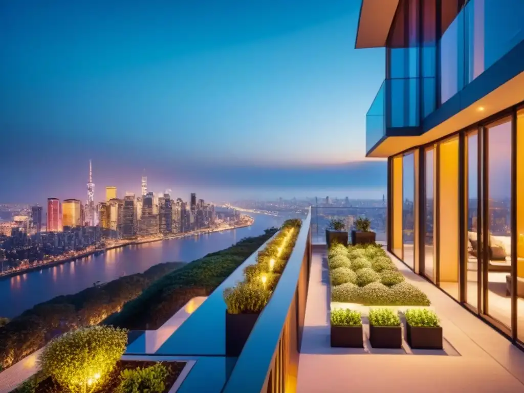 Complejo de apartamentos de lujo con vista a la ciudad al atardecer Un complejo de apartamentos moderno y lujoso con fachadas de vidrio y jardín en la azotea, iluminado por luces cálidas al atardecer