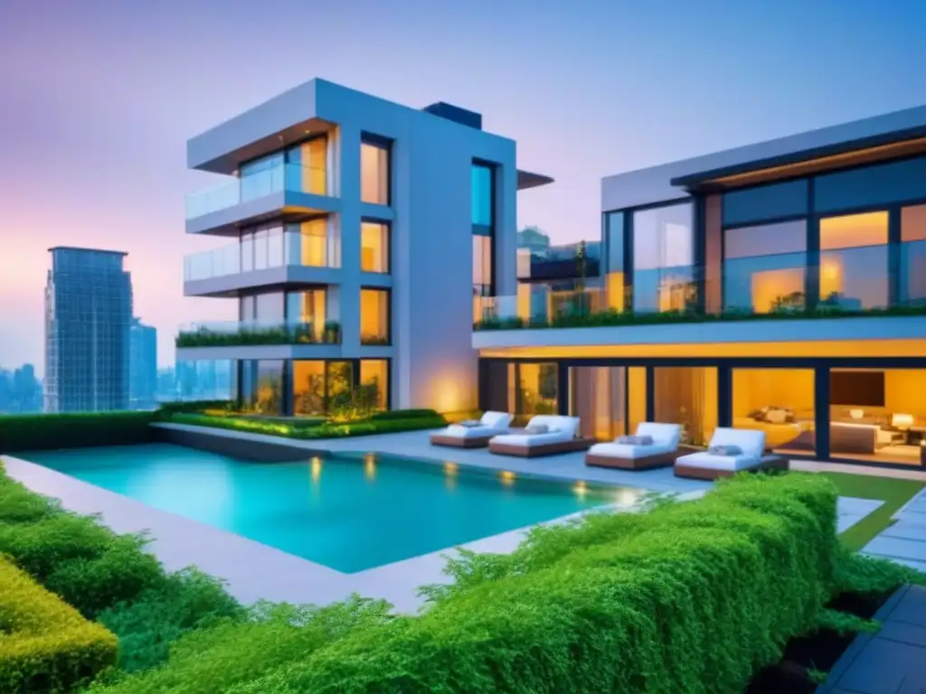 Edificio de lujo con diseño arquitectónico moderno y piscina en la azotea Un complejo de apartamentos moderno y lujoso con diseño arquitectónico elegante, ventanas de piso a techo, exuberante jardinería y una piscina en la azotea con vistas a un bullicioso paisaje urbano