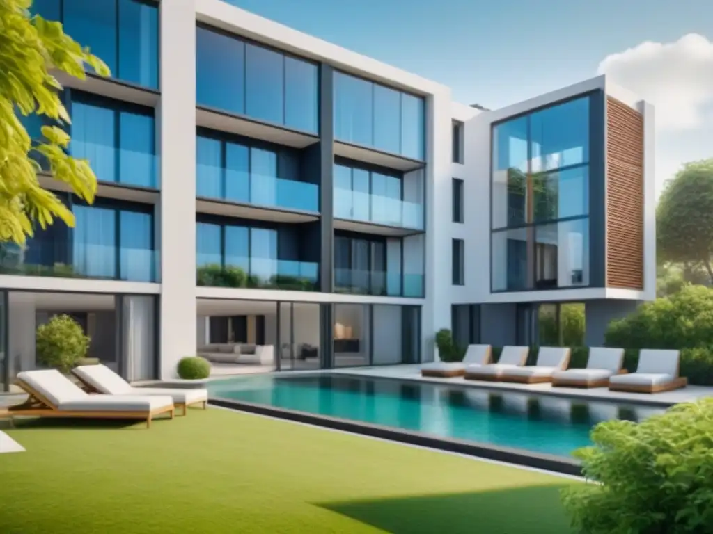 Inversión inmobiliaria innovadora en complejo de lujo Un complejo de apartamentos modernos de lujo con fachadas de vidrio, rodeado de exuberante vegetación y una piscina reluciente