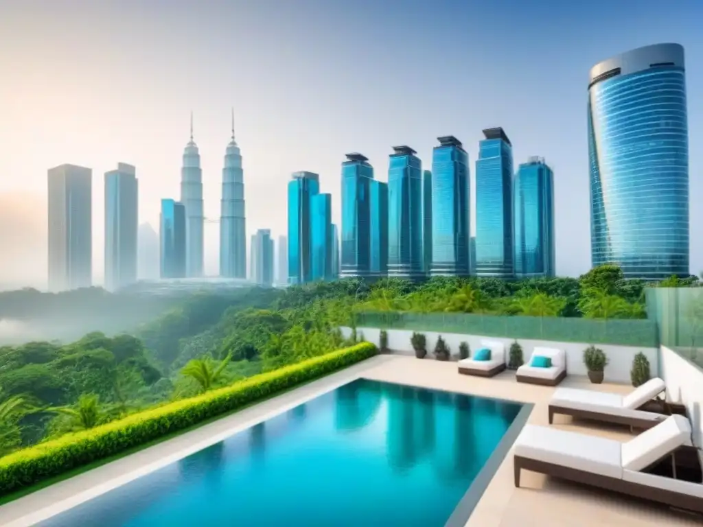 Complejo de apartamentos de lujo en ciudad cosmopolita Un complejo de apartamentos modernos de lujo rodeado de vegetación exuberante y una piscina reluciente, en una ciudad vibrante con rascacielos altos al fondo