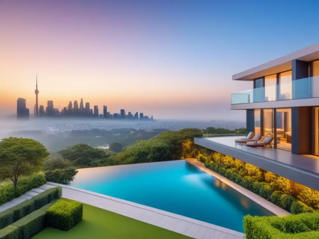 Complejo residencial de lujo con vista a la ciudad al atardecer Un complejo de apartamentos modernos de lujo con exteriores de vidrio, rodeado de jardines y piscina, reflejando la ciudad al atardecer