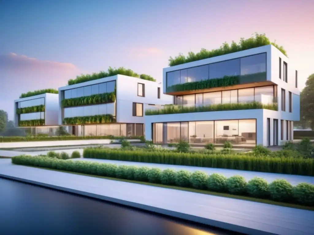 Complejo arquitectónico sostenible y futurista en entorno urbano Un complejo arquitectónico futurista con diseño sostenible, integrando espacios verdes, paneles solares y sistemas eficientes de agua