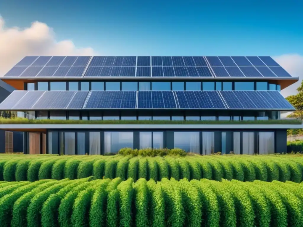 Complejo ecoamigable futurista: diseño sostenible en 8k Complejo arquitectónico futurista ecoamigable con elementos de diseño sostenible rodeado de vegetación, cielo azul
