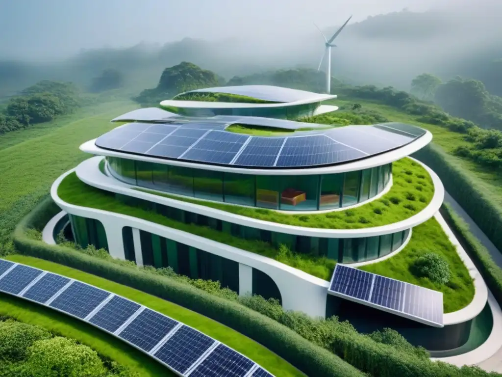Complejo arquitectónico sostenible: fusión entre naturaleza y tecnología Un complejo arquitectónico futurista sostenible rodeado de exuberante vegetación, con paneles solares y techos verdes