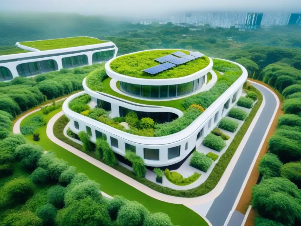 Complejo sostenible: arquitectura verde en ciudad futurista Complejo arquitectónico sostenible con paisajismo verde y diseño innovador en una ciudad futurista