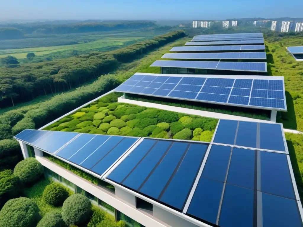 Complejo sostenible: arquitectura innovadora en armonía con la naturaleza Complejo arquitectónico sostenible rodeado de vegetación, paneles solares brillando bajo el sol