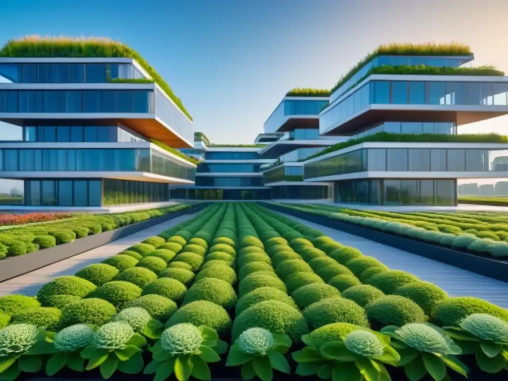 Complejo ecoamigable: diseño sostenible innovador Complejo arquitectónico sostenible con techos verdes y paneles solares, rodeado de naturaleza